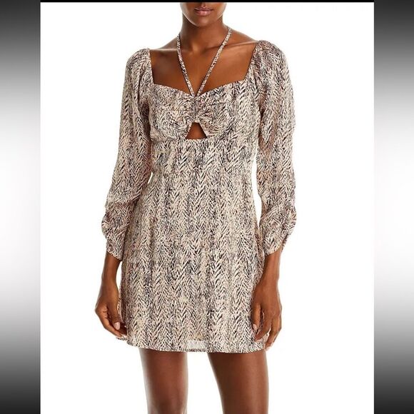 NWTs Aqua Brown Multi Animal Print Keyhole Mini Dress Size Large - Picture 1 of 14